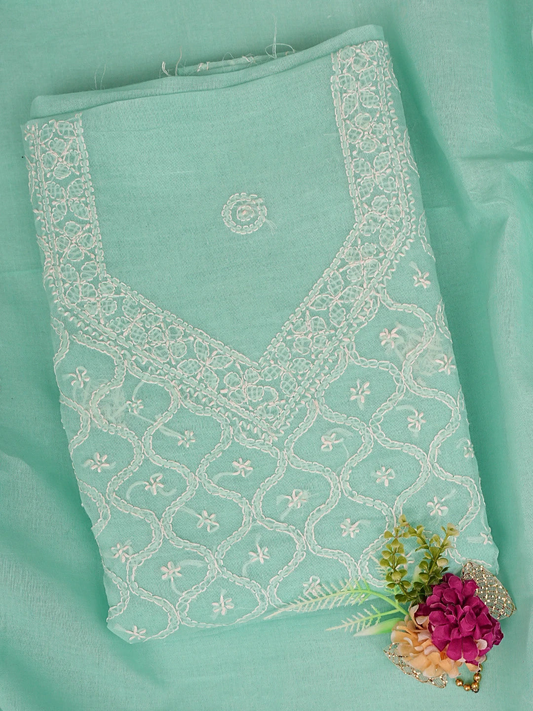 Ada Hand Embroidered Sea Green Cotton Lucknowi Chikankari Unstitched Suit Piece 01A854941