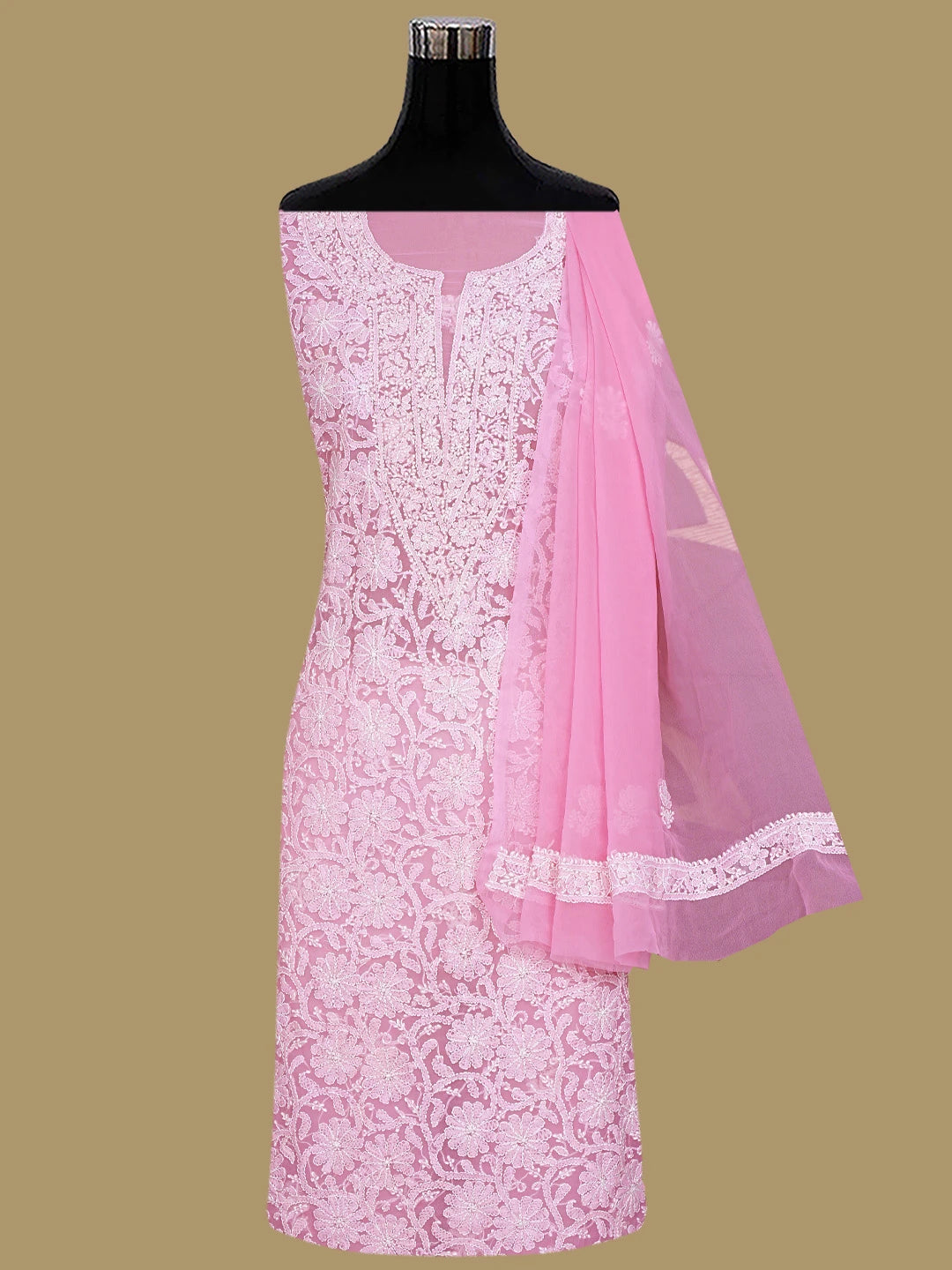 Ada Hand Embroidered Pink Georgette Lucknowi Chikan Unstitched Suit Piece 01A859809