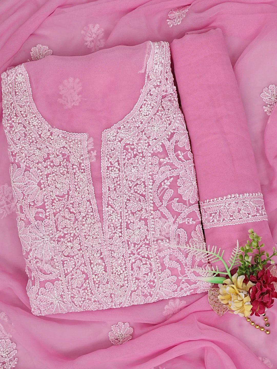 Ada Hand Embroidered Pink Georgette Lucknowi Chikan Unstitched Suit Piece 01A859809