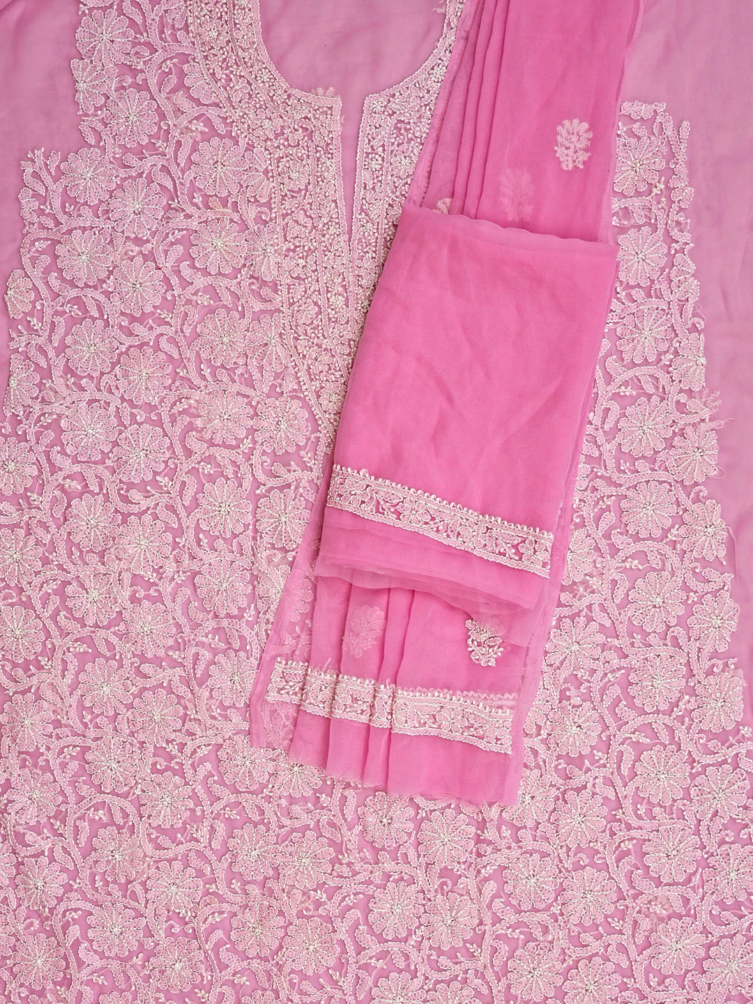 Ada Hand Embroidered Pink Georgette Lucknowi Chikan Unstitched Suit Piece 01A859809