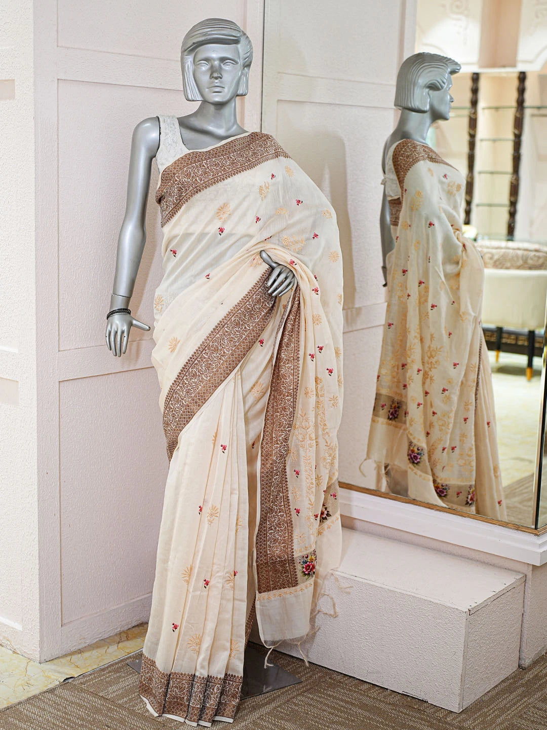 Ada Hand Embroidered Floral Printed Cream Chanderi Lucknowi Chikankari Saree and Blouse 01A592364