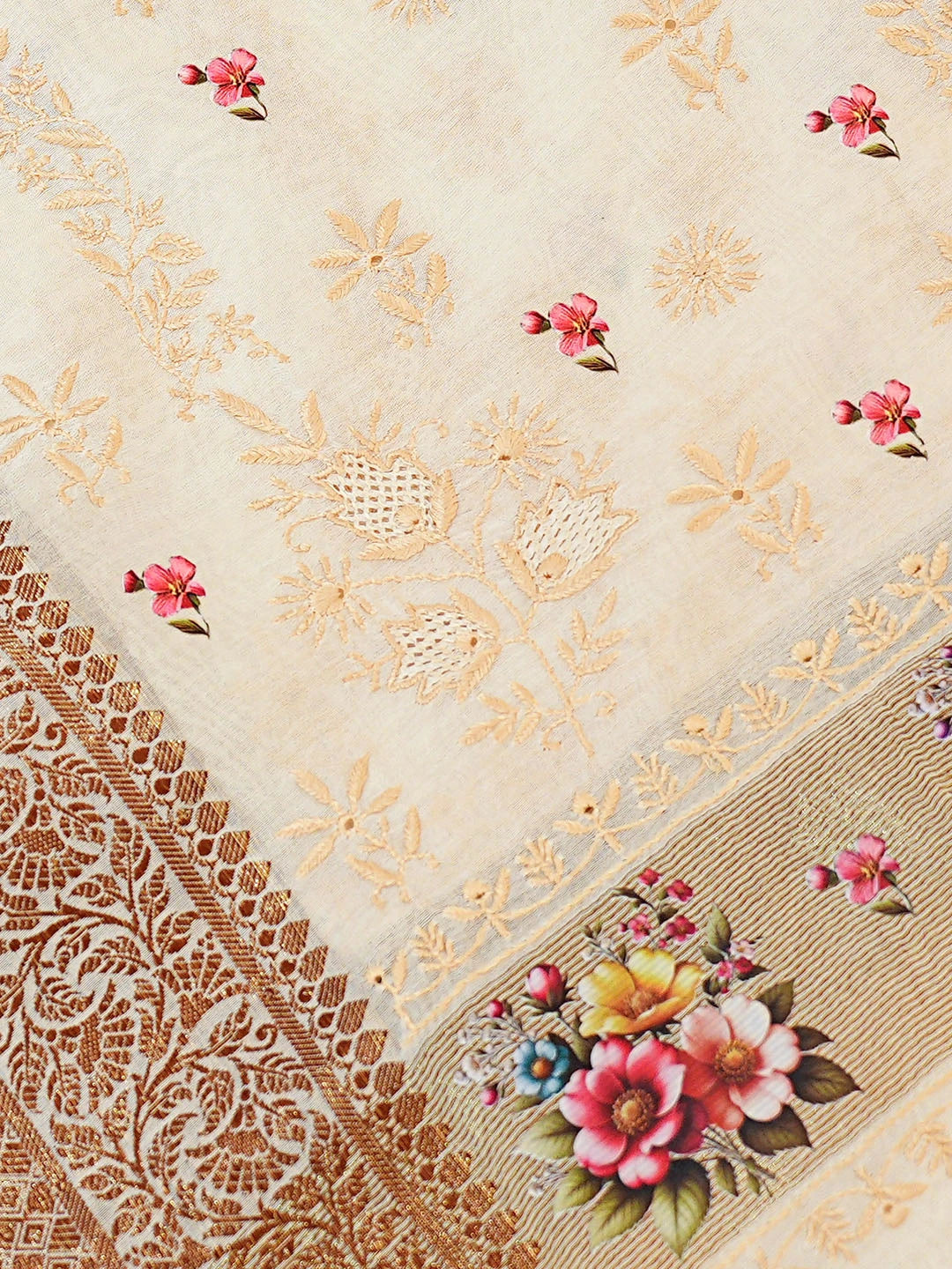 Ada Hand Embroidered Floral Printed Cream Chanderi Lucknowi Chikankari Saree and Blouse 01A592364