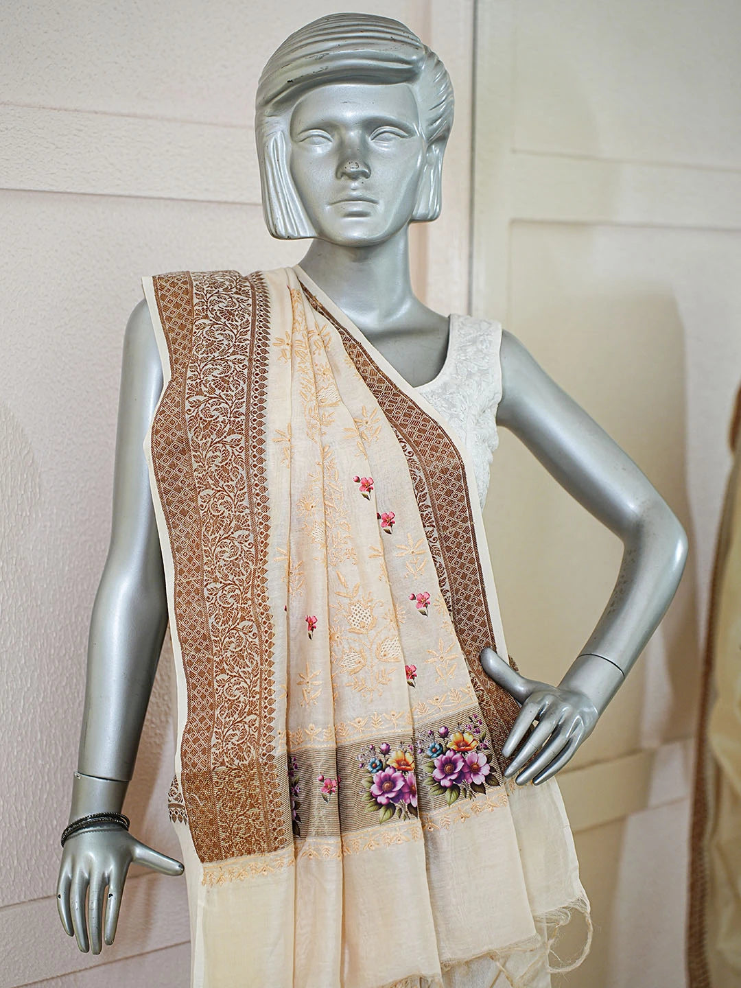 Ada Hand Embroidered Floral Printed Cream Chanderi Lucknowi Chikankari Saree and Blouse 01A592364