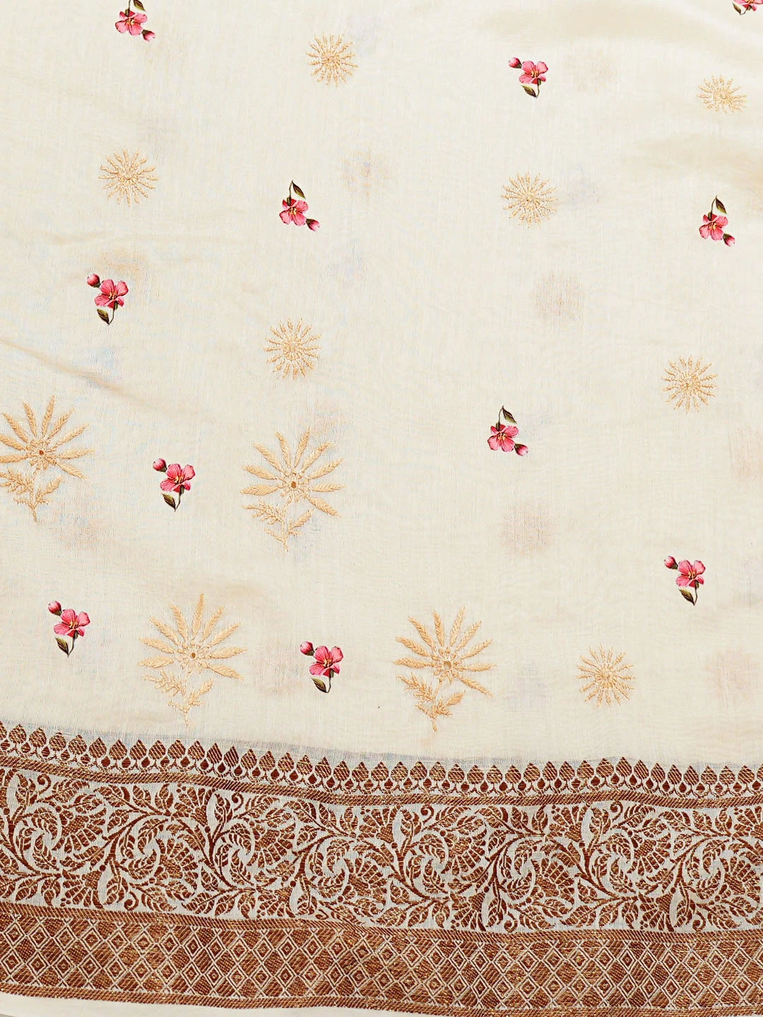 Ada Hand Embroidered Floral Printed Cream Chanderi Lucknowi Chikankari Saree and Blouse 01A592364