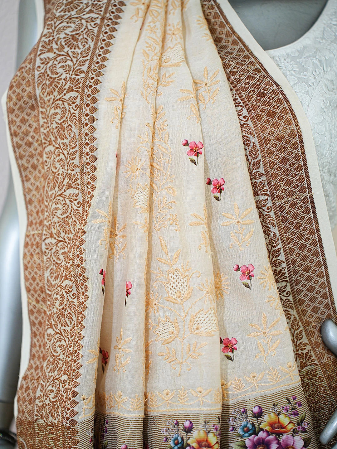 Ada Hand Embroidered Floral Printed Cream Chanderi Lucknowi Chikankari Saree and Blouse 01A592364
