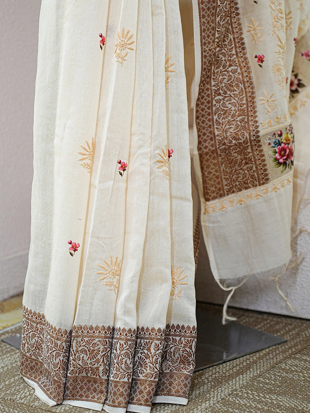 Ada Hand Embroidered Floral Printed Cream Chanderi Lucknowi Chikankari Saree and Blouse 01A592364