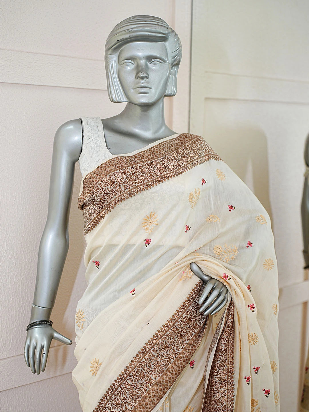 Ada Hand Embroidered Floral Printed Cream Chanderi Lucknowi Chikankari Saree and Blouse 01A592364