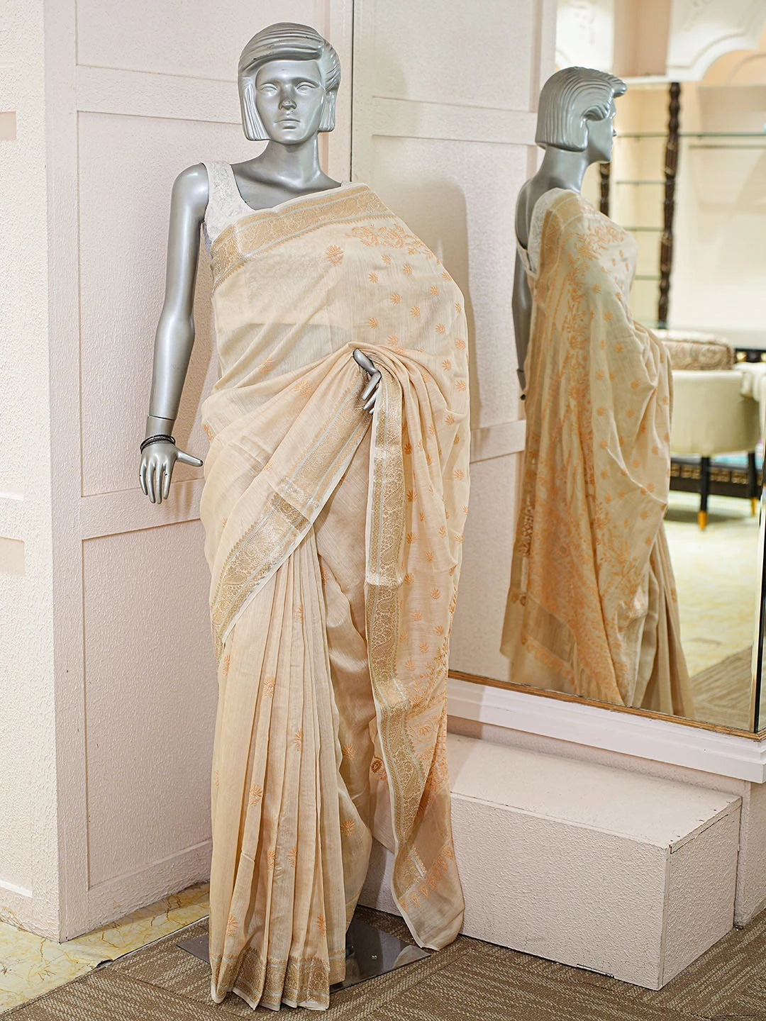 Ada Hand Embroidered Fawn Moonga Silk Lucknowi Chikankari Saree and Blouse 01A856655