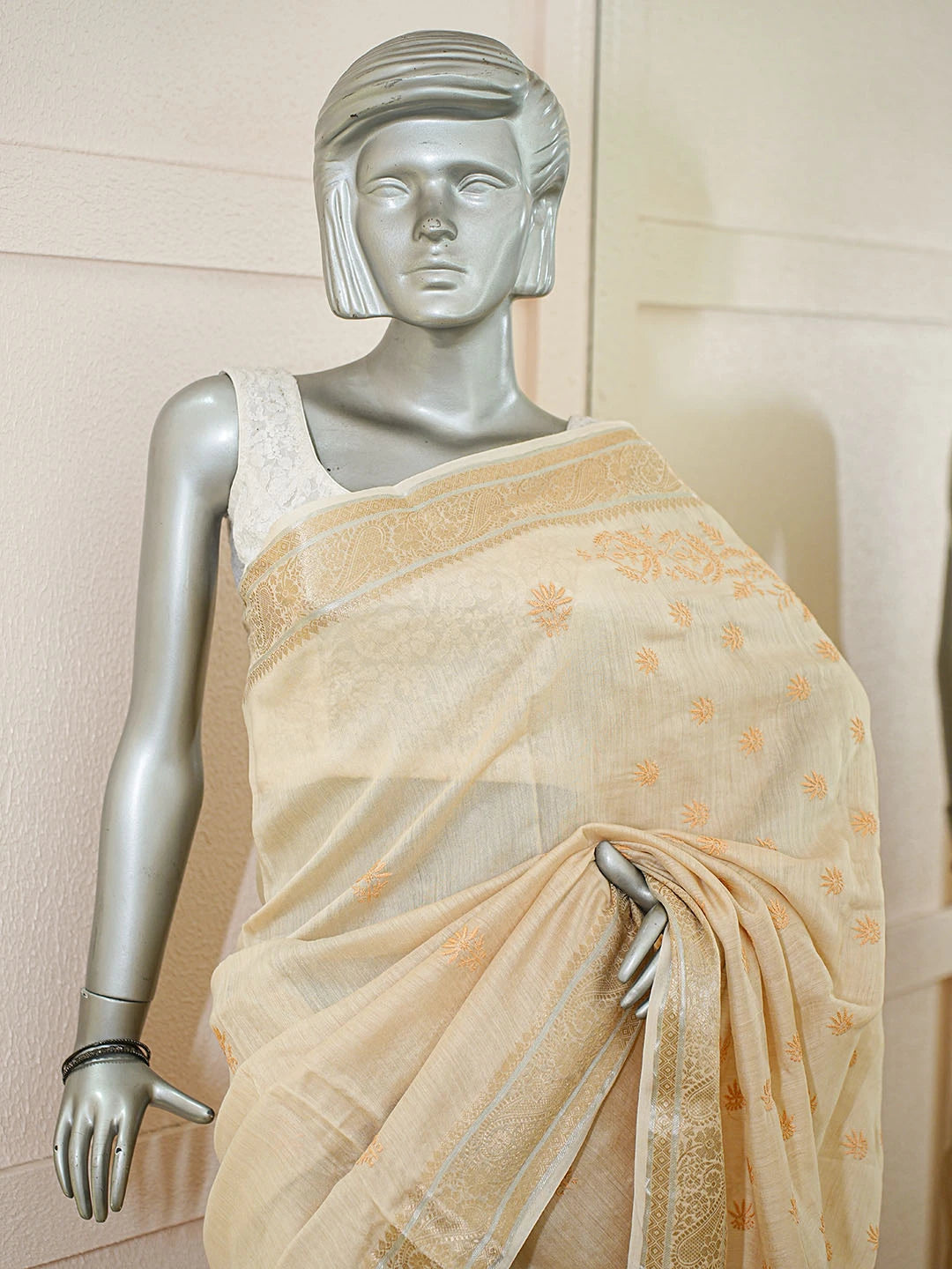 Ada Hand Embroidered Fawn Moonga Silk Lucknowi Chikankari Saree and Blouse 01A856655