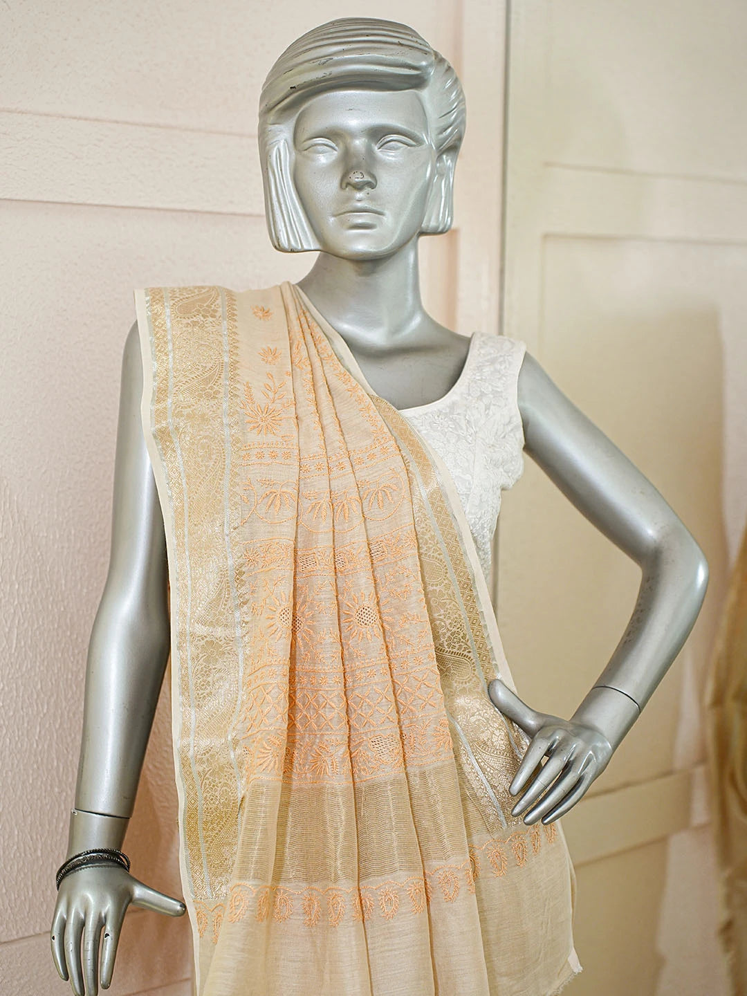 Ada Hand Embroidered Fawn Moonga Silk Lucknowi Chikankari Saree and Blouse 01A856655