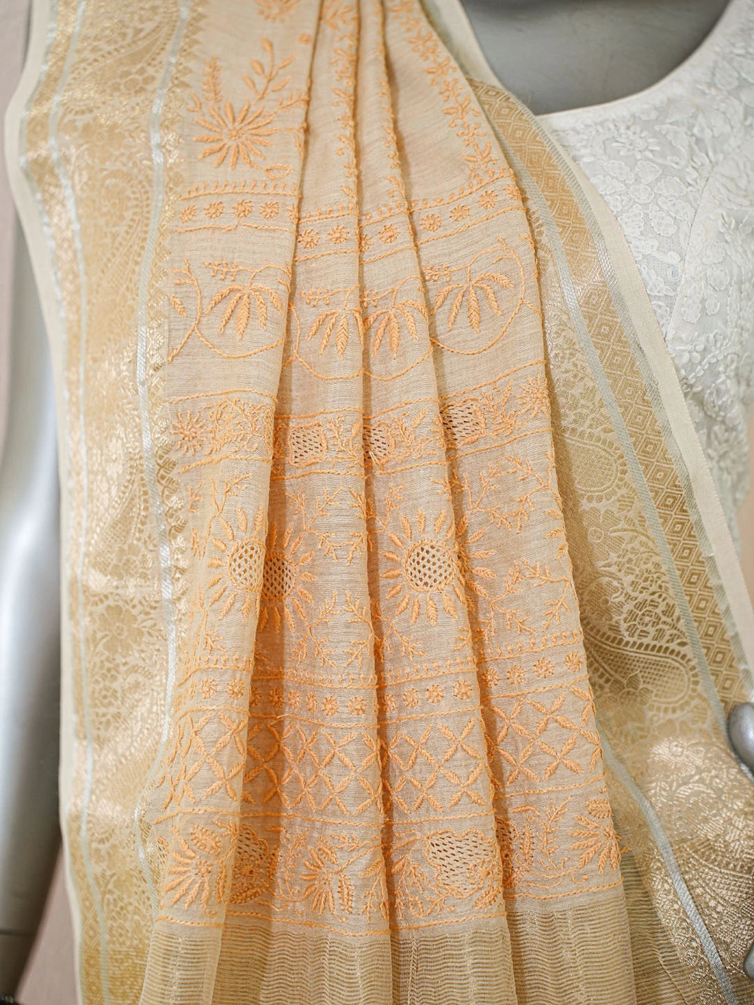 Ada Hand Embroidered Fawn Moonga Silk Lucknowi Chikankari Saree and Blouse 01A856655