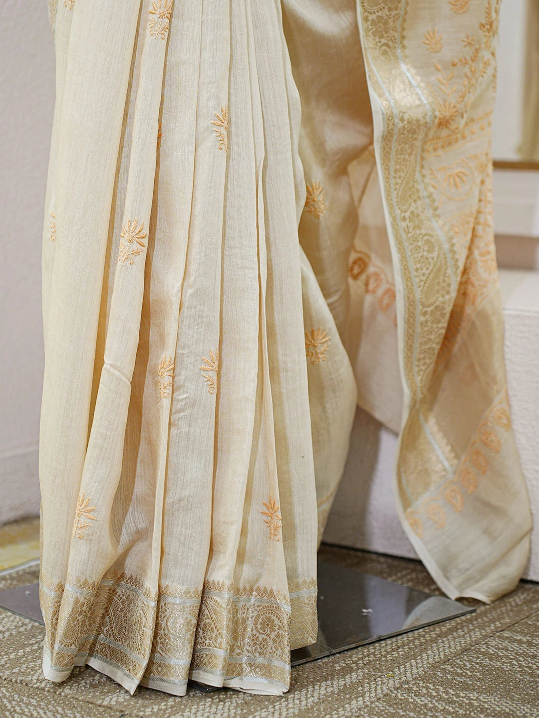 Ada Hand Embroidered Fawn Moonga Silk Lucknowi Chikankari Saree and Blouse 01A856655