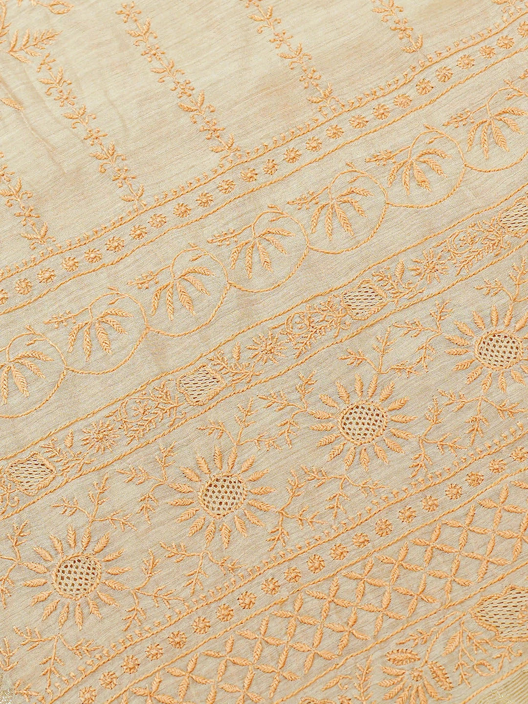 Ada Hand Embroidered Fawn Moonga Silk Lucknowi Chikankari Saree and Blouse 01A856655