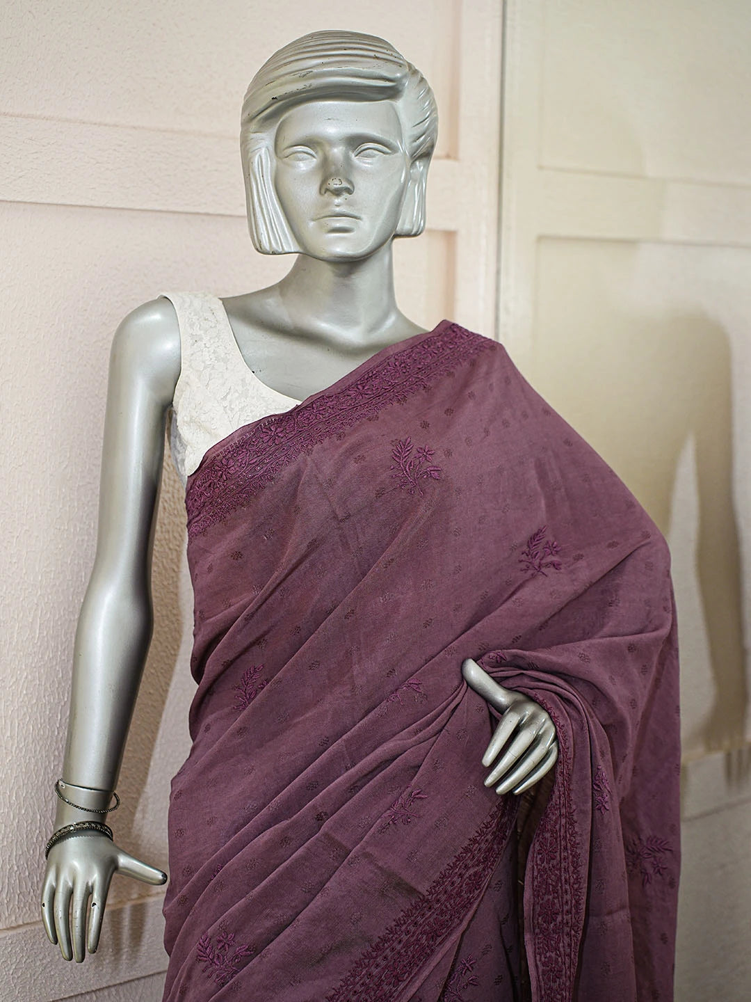 Ada Hand Embroidered Wine Silk Lucknowi Chikankari Saree and Blouse 01A376454