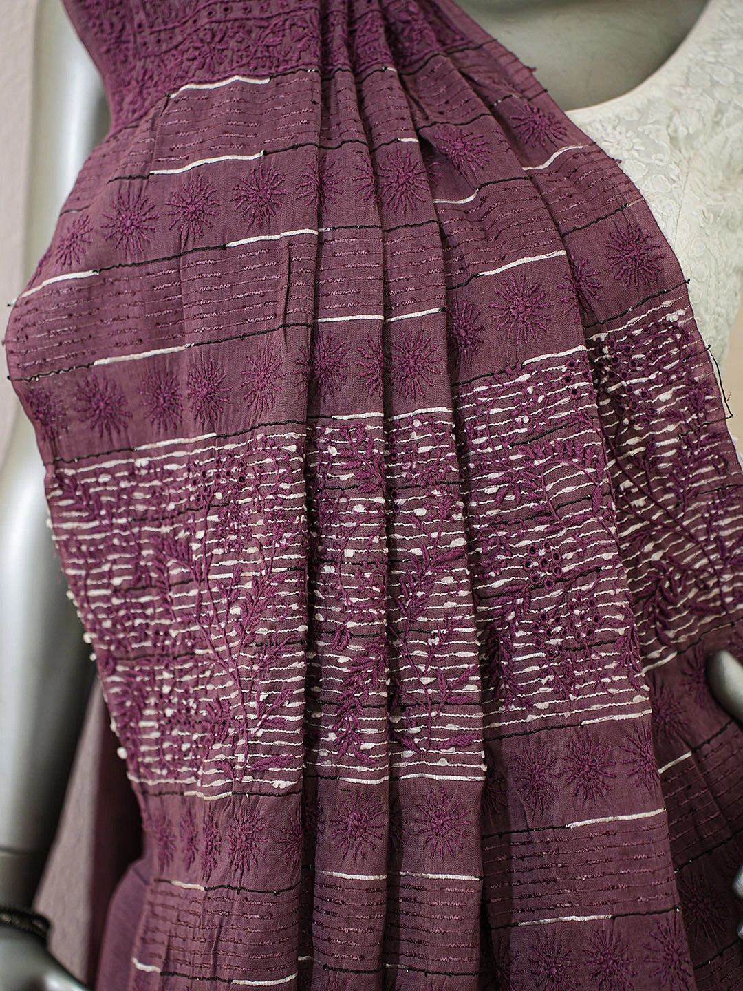 Ada Hand Embroidered Wine Silk Lucknowi Chikankari Saree and Blouse 01A376454
