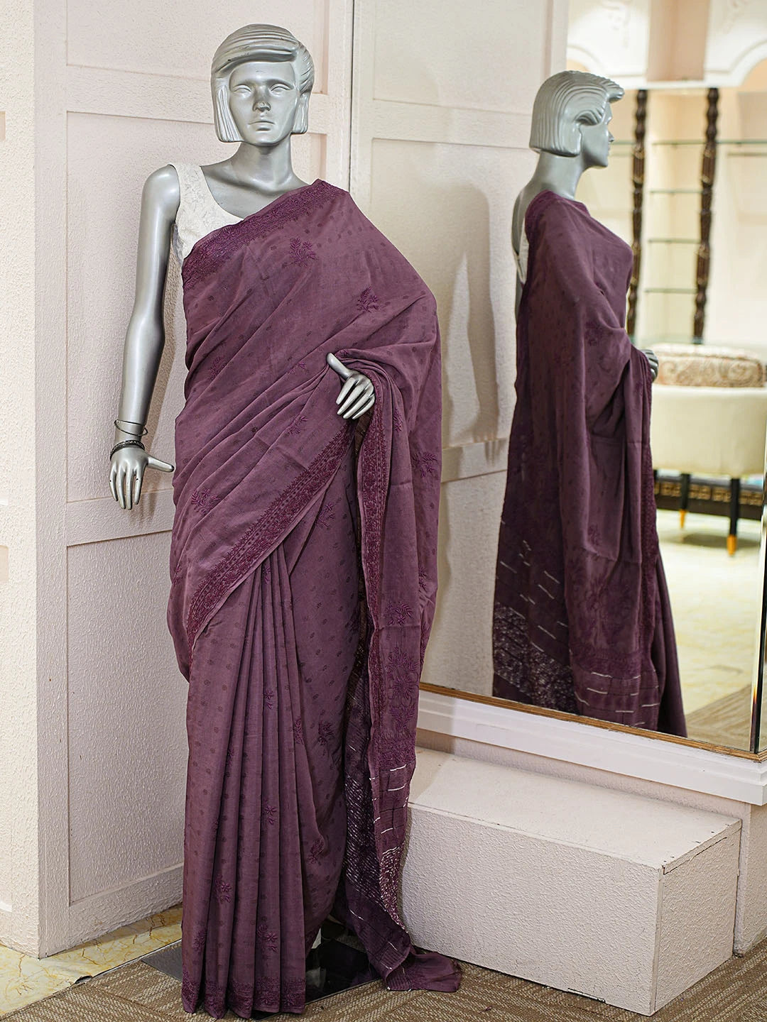 Ada Hand Embroidered Wine Silk Lucknowi Chikankari Saree and Blouse 01A376454