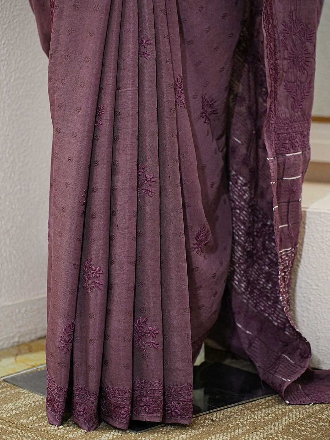 Ada Hand Embroidered Wine Silk Lucknowi Chikankari Saree and Blouse 01A376454