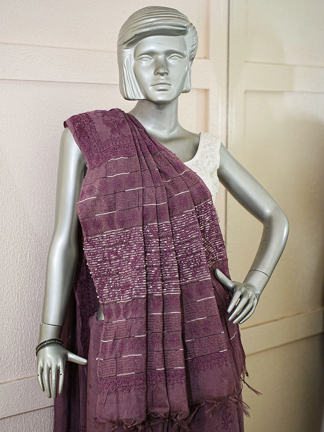 Ada Hand Embroidered Wine Silk Lucknowi Chikankari Saree and Blouse 01A376454