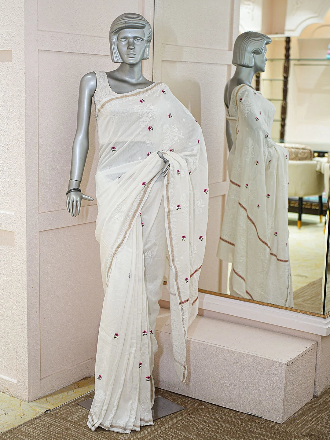 Ada Hand Embroidered Floral Printed White Chanderi Lucknowi Chikankari Saree and Blouse 01A589532