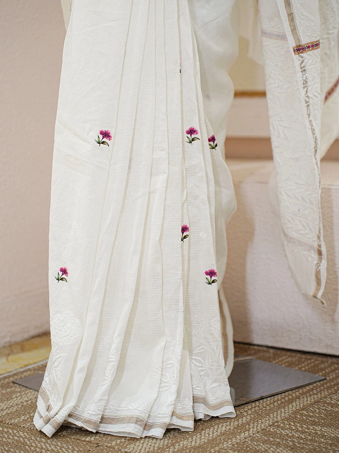 Ada Hand Embroidered Floral Printed White Chanderi Lucknowi Chikankari Saree and Blouse 01A589532