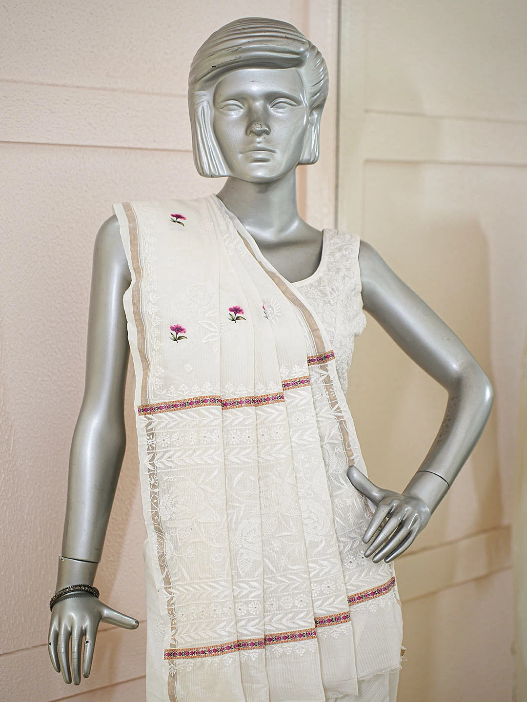 Ada Hand Embroidered Floral Printed White Chanderi Lucknowi Chikankari Saree and Blouse 01A589532