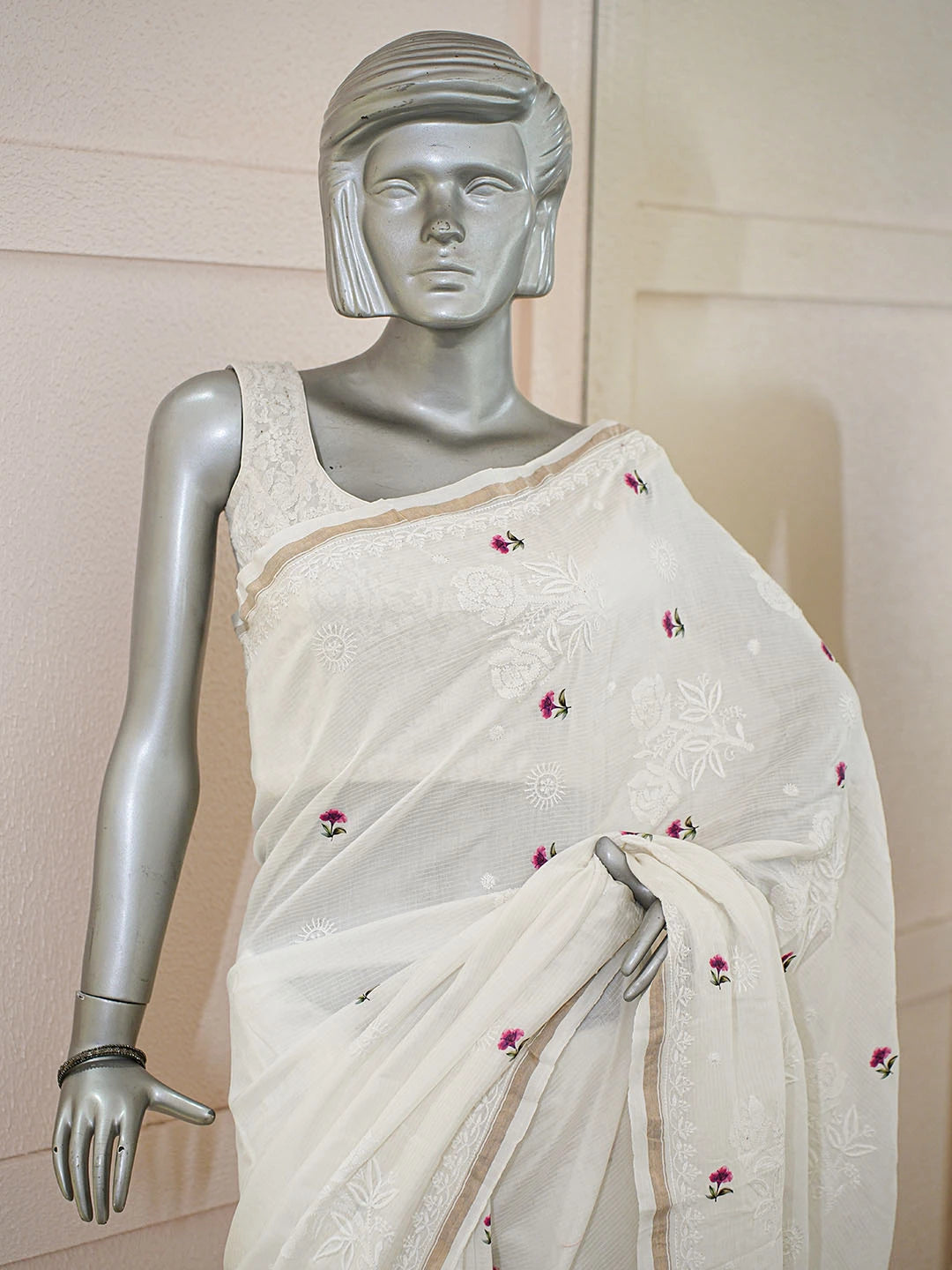 Ada Hand Embroidered Floral Printed White Chanderi Lucknowi Chikankari Saree and Blouse 01A589532