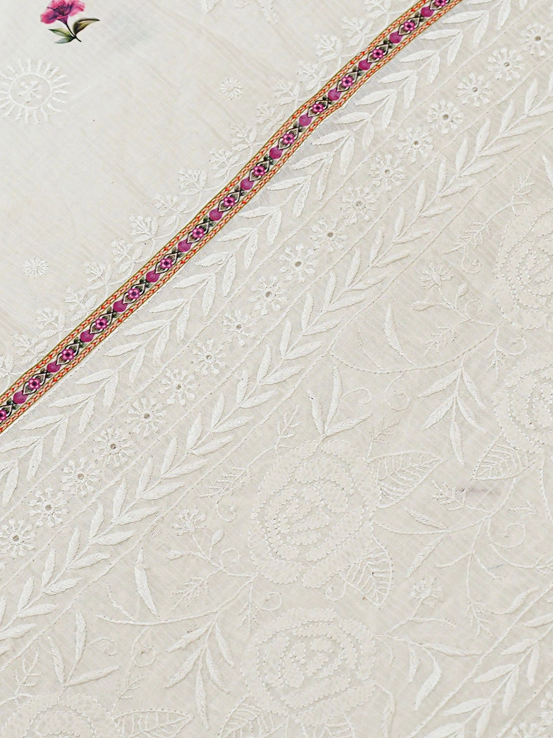 Ada Hand Embroidered Floral Printed White Chanderi Lucknowi Chikankari Saree and Blouse 01A589532