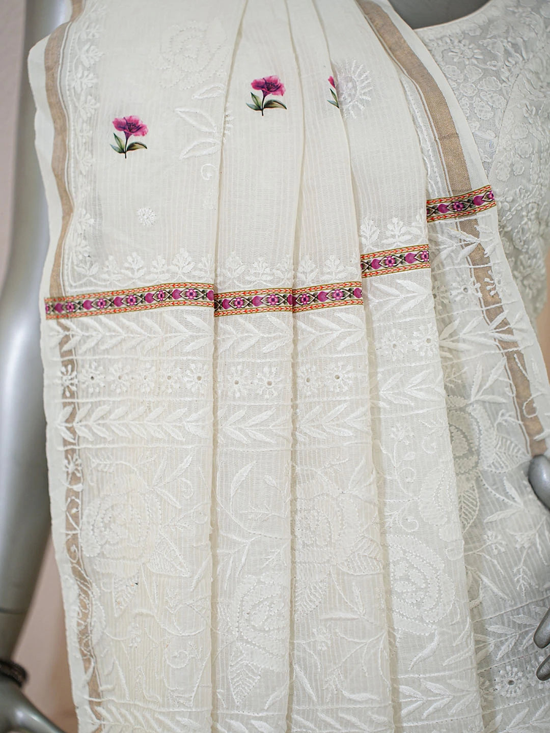 Ada Hand Embroidered Floral Printed White Chanderi Lucknowi Chikankari Saree and Blouse 01A589532