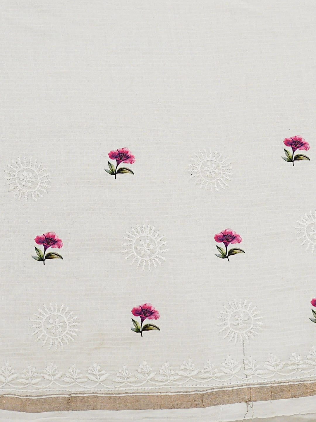 Ada Hand Embroidered Floral Printed White Chanderi Lucknowi Chikankari Saree and Blouse 01A589532