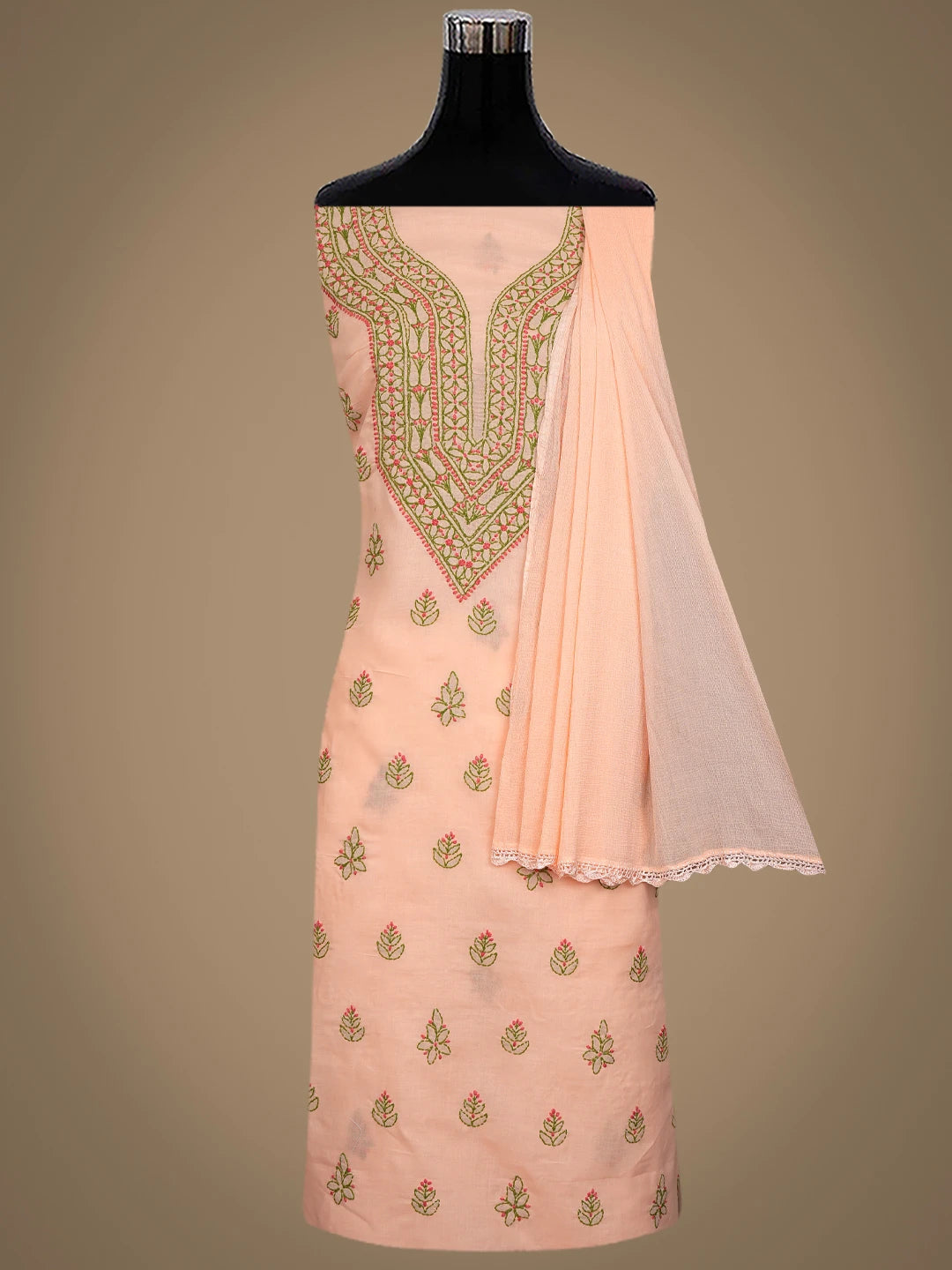 Ada Hand Embroidered Peach Cotton Lucknowi Chikankari Unstitched Suit Piece 01A861529