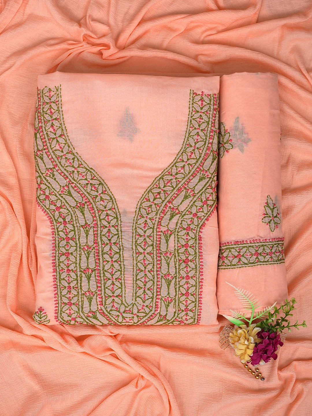 Ada Hand Embroidered Peach Cotton Lucknowi Chikankari Unstitched Suit Piece 01A861529