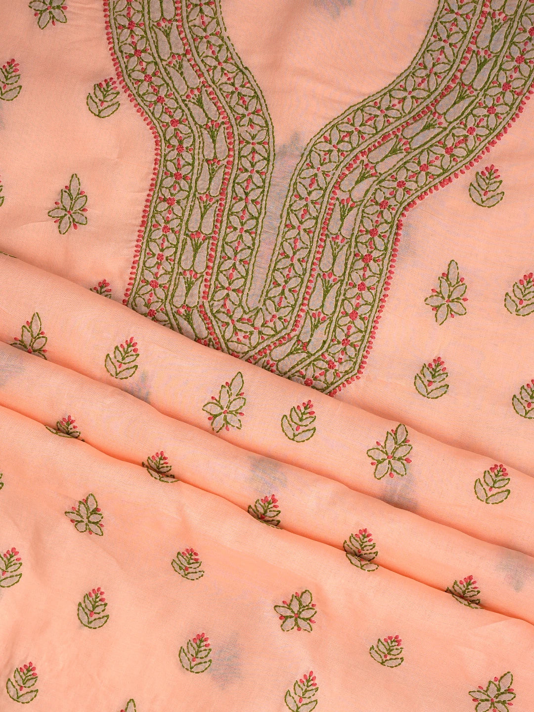 Ada Hand Embroidered Peach Cotton Lucknowi Chikankari Unstitched Suit Piece 01A861529