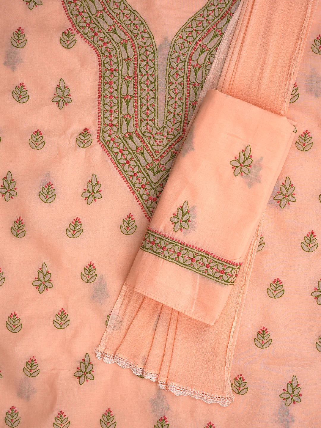 Ada Hand Embroidered Peach Cotton Lucknowi Chikankari Unstitched Suit Piece 01A861529