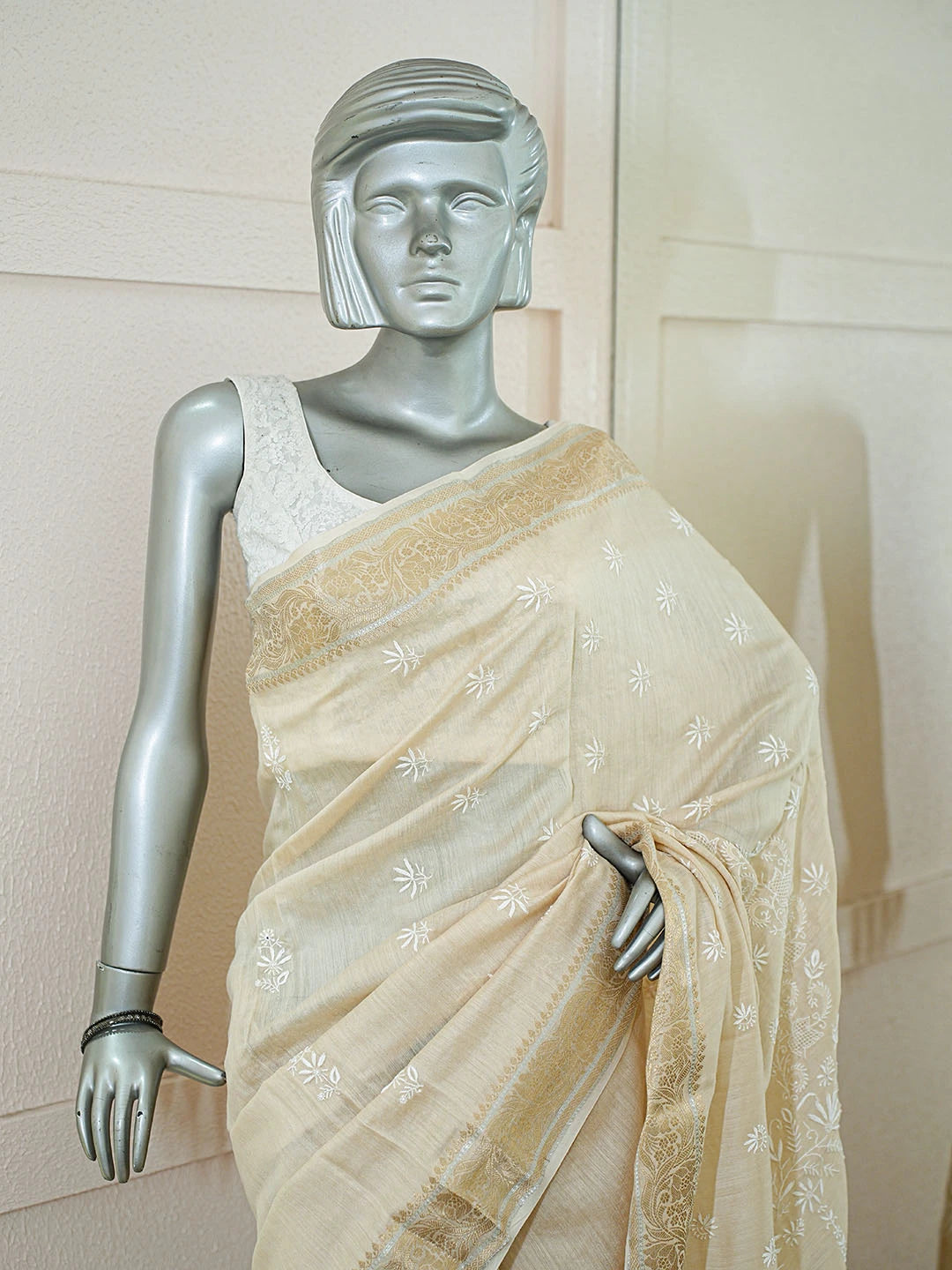 Ada Hand Embroidered Fawn Moonga Silk Lucknowi Chikankari Saree and Blouse 01A856656