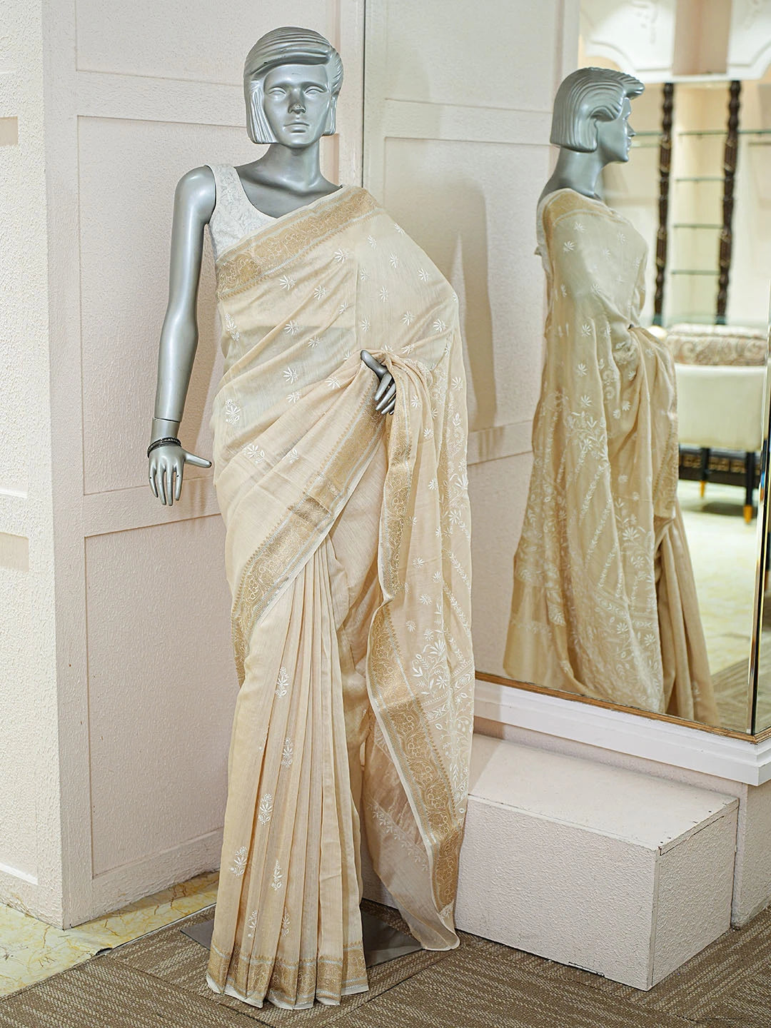 Ada Hand Embroidered Fawn Moonga Silk Lucknowi Chikankari Saree and Blouse 01A856656
