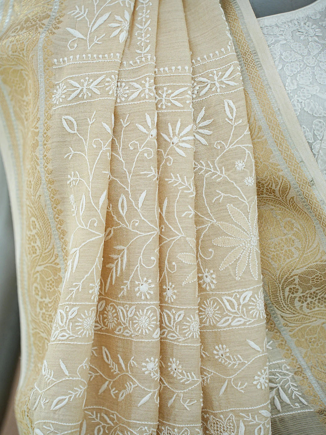 Ada Hand Embroidered Fawn Moonga Silk Lucknowi Chikankari Saree and Blouse 01A856656