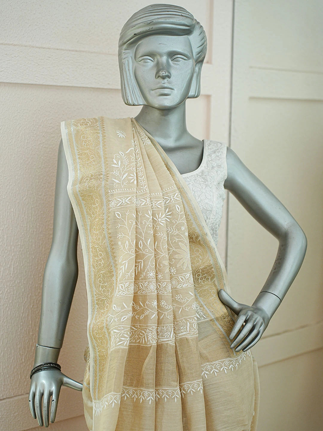 Ada Hand Embroidered Fawn Moonga Silk Lucknowi Chikankari Saree and Blouse 01A856656