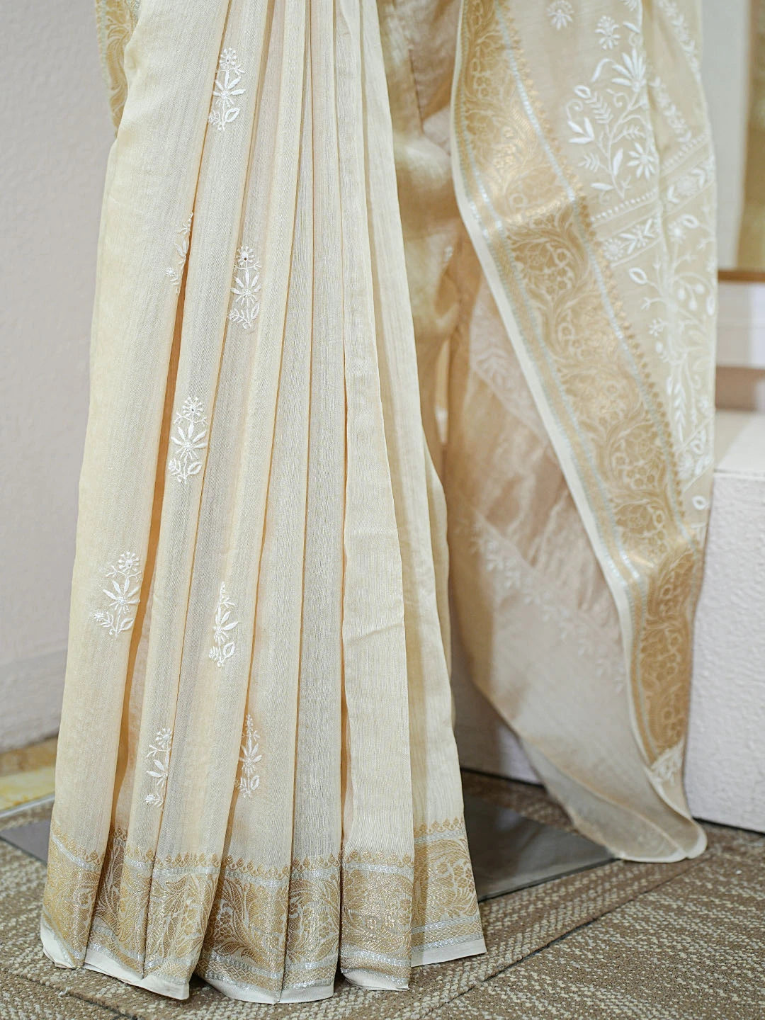 Ada Hand Embroidered Fawn Moonga Silk Lucknowi Chikankari Saree and Blouse 01A856656