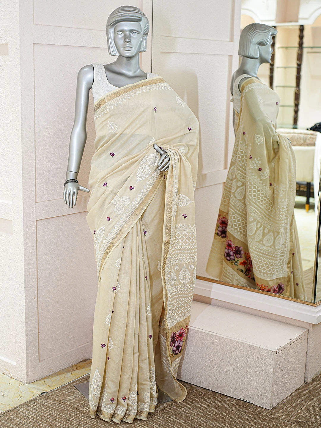 Ada Hand Embroidered Floral Printed Fawn Tissue Lucknowi Chikankari Saree and Blouse 01A774707