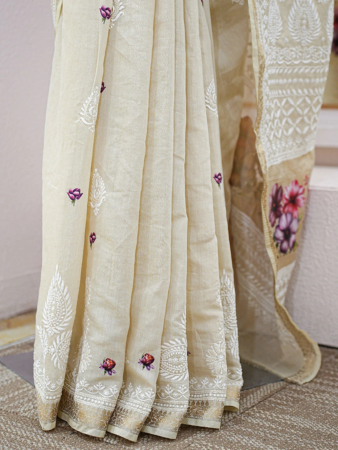 Ada Hand Embroidered Floral Printed Fawn Tissue Lucknowi Chikankari Saree and Blouse 01A774707