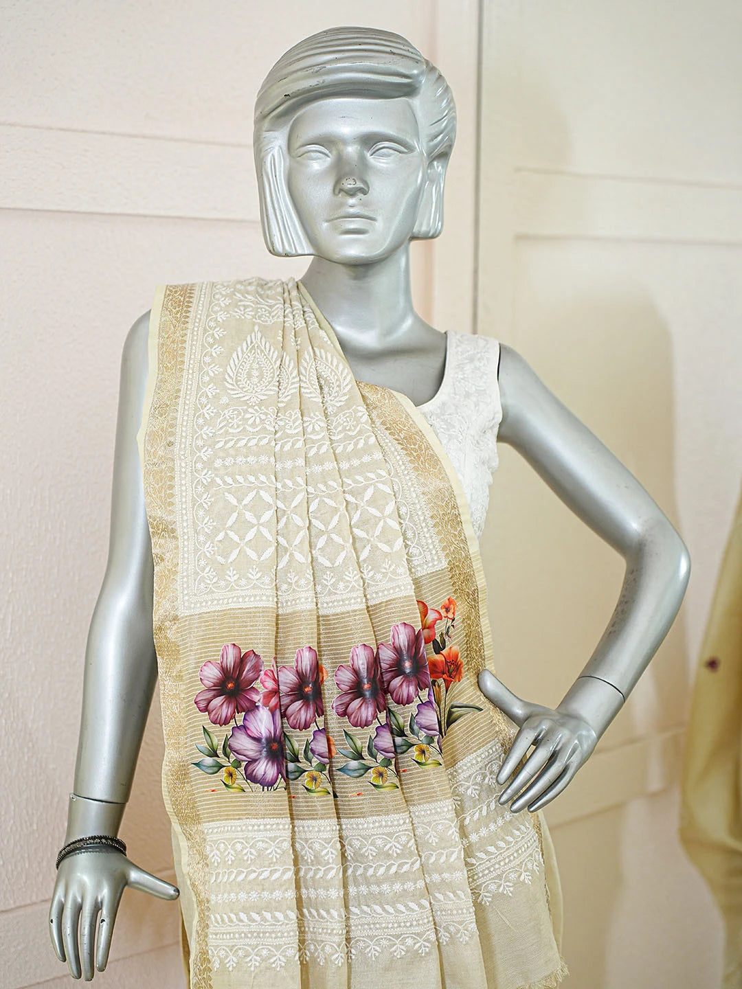 Ada Hand Embroidered Floral Printed Fawn Tissue Lucknowi Chikankari Saree and Blouse 01A774707
