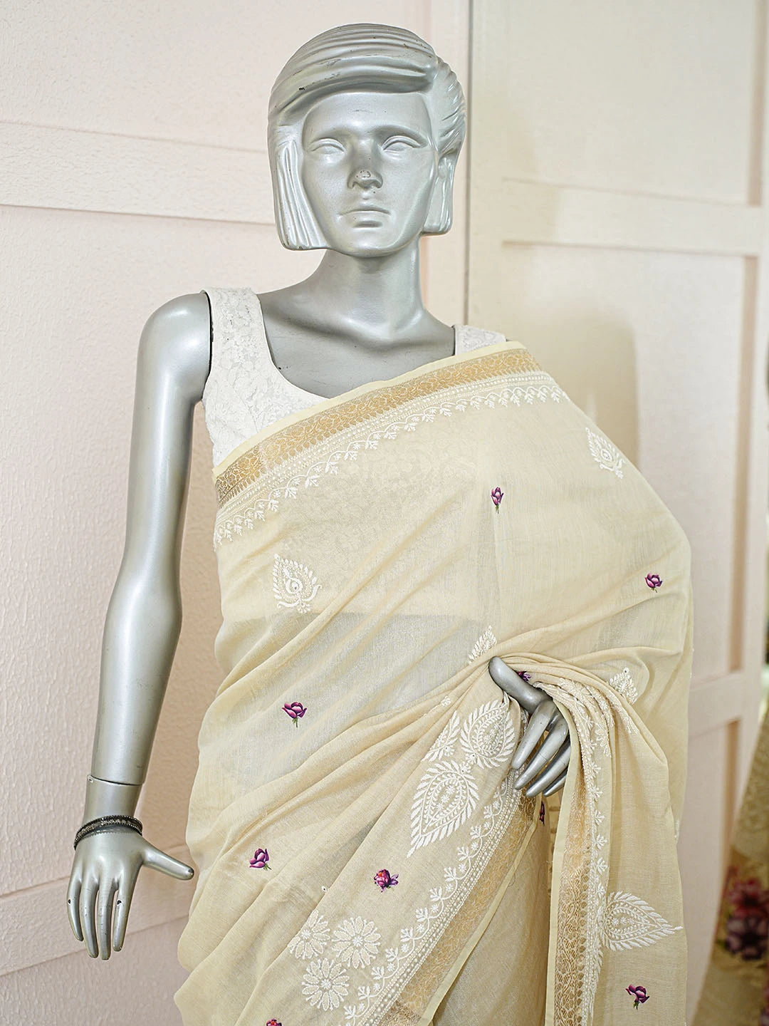 Ada Hand Embroidered Floral Printed Fawn Tissue Lucknowi Chikankari Saree and Blouse 01A774707
