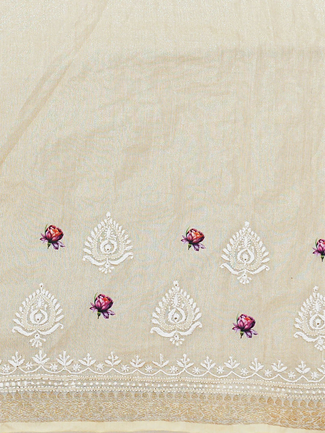 Ada Hand Embroidered Floral Printed Fawn Tissue Lucknowi Chikankari Saree and Blouse 01A774707