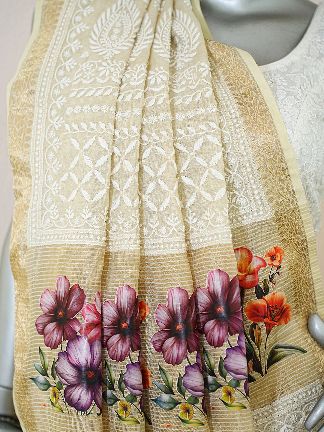 Ada Hand Embroidered Floral Printed Fawn Tissue Lucknowi Chikankari Saree and Blouse 01A774707