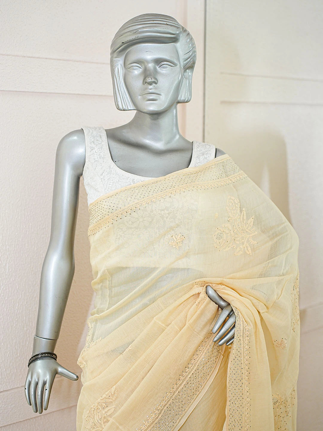 Ada Hand Embroidered Fawn Chanderi Lucknowi Chikankari Saree and Blouse With Mukaish Work 01A653381