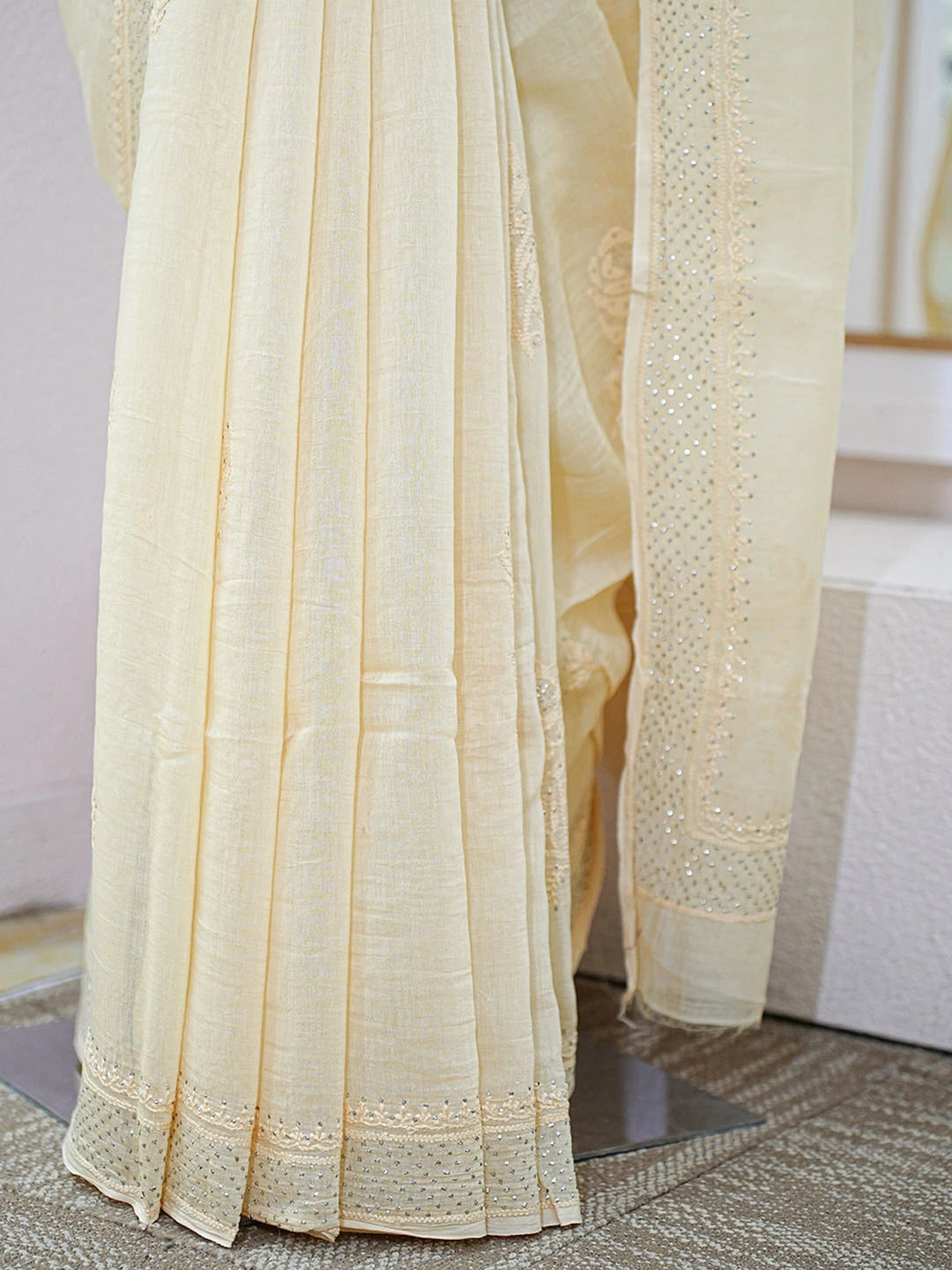 Ada Hand Embroidered Fawn Chanderi Lucknowi Chikankari Saree and Blouse With Mukaish Work 01A653381