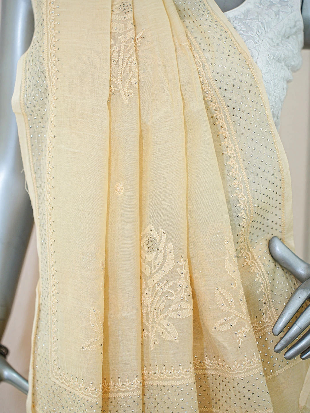 Ada Hand Embroidered Fawn Chanderi Lucknowi Chikankari Saree and Blouse With Mukaish Work 01A653381