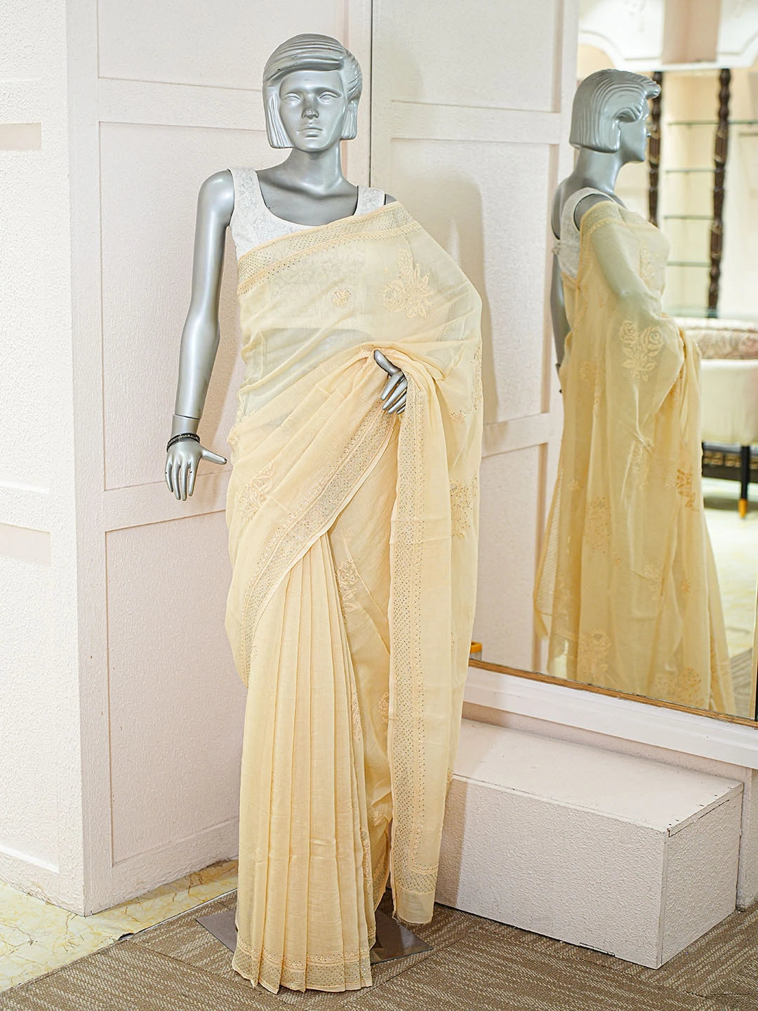 Ada Hand Embroidered Fawn Chanderi Lucknowi Chikankari Saree and Blouse With Mukaish Work 01A653381