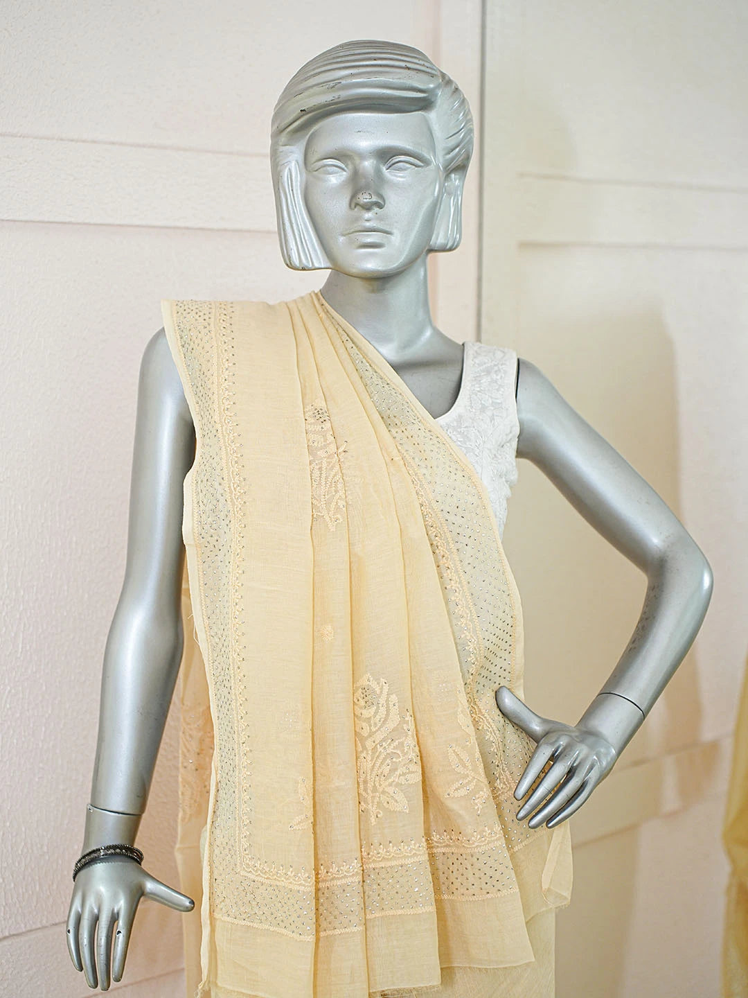 Ada Hand Embroidered Fawn Chanderi Lucknowi Chikankari Saree and Blouse With Mukaish Work 01A653381
