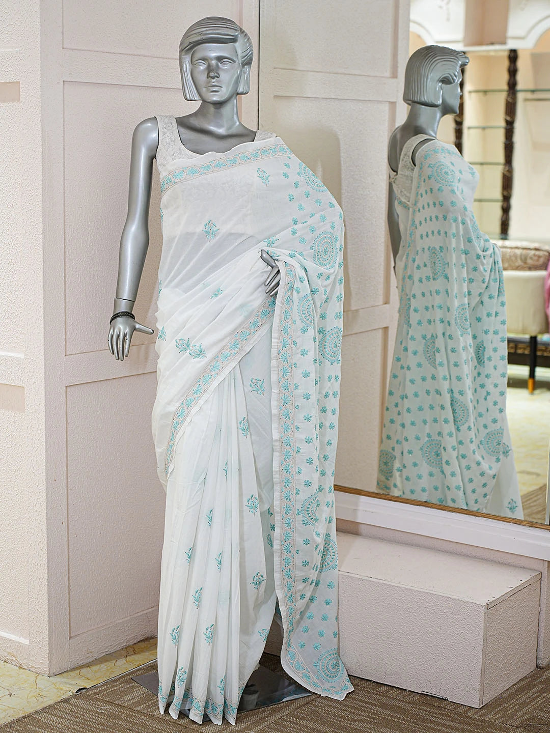 Ada Hand Embroidered White Cotton Lucknowi Chikankari Saree and Blouse With Mukaish Work 01A511055